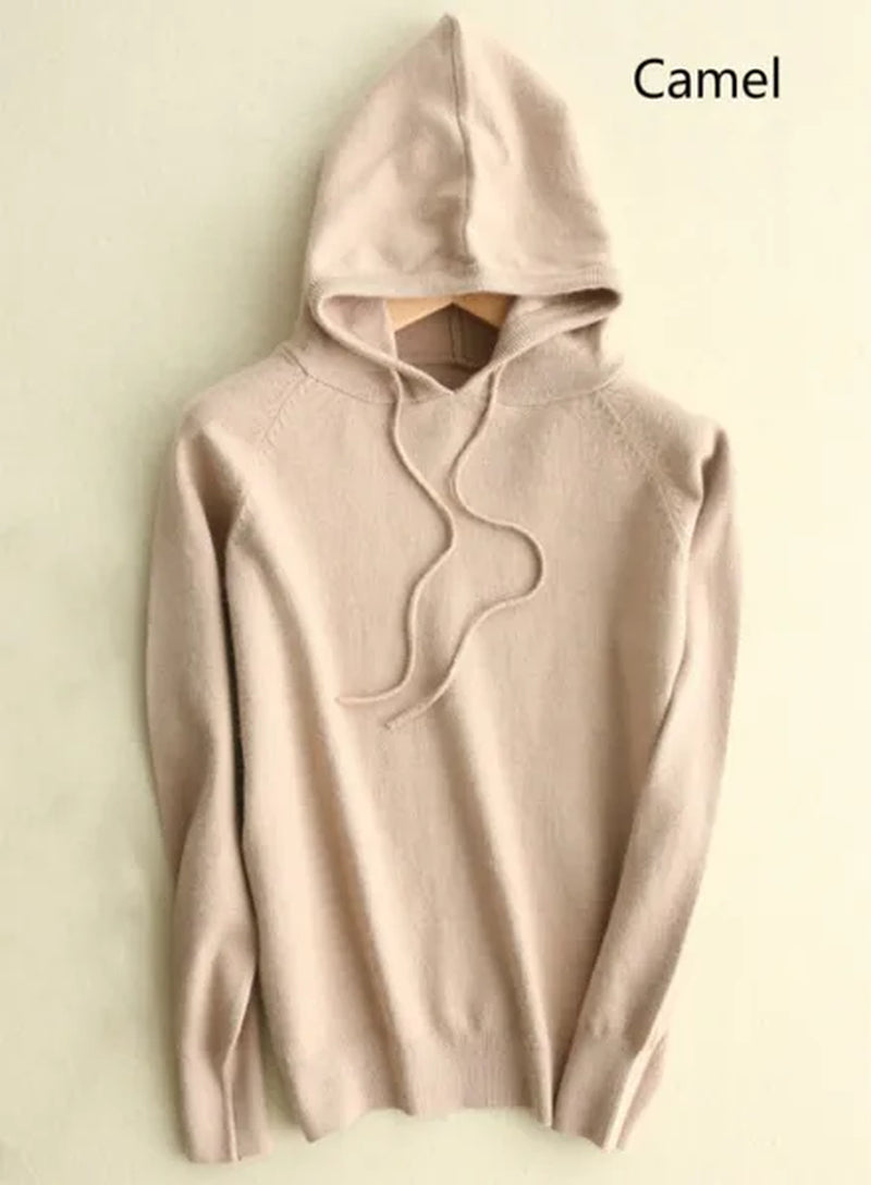 6 Colors Women Fashion Wool Pure Cashmere Casual Hooded Drawstring Pull Pullovers Plus Size S-XXL