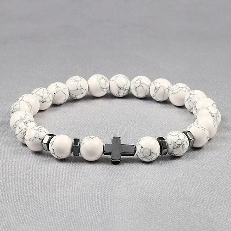 Hot Men Natural Tiger Eye Beads Hematite Cross Bracelets Onyx Meditation Prayer Bead Bracelet Women Stone Yoga Jewelry Homme