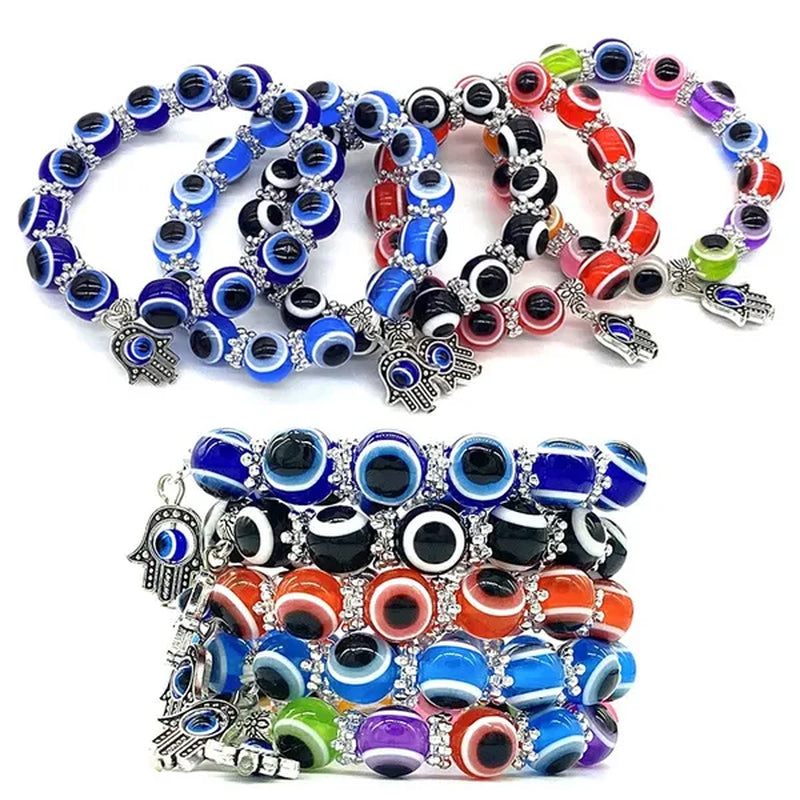 5 colors Evil Eye Hamsa Beaded Charm Stretch Bracelet Hand of Fatima Turkish Lucky Evil Eye Bracelet for Protection and Blessing