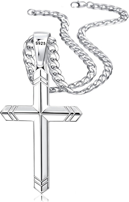 925 Sterling Silver Cross Necklace for Men Women, 5MM Durable Stainless Steel Non Tarnish Cuban Link Curb Chain with Silver Cross Pendant, Mens Cross Crucifix Necklaces Jewelry 16-30 Inches