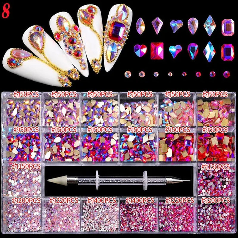 3000Pcs/Box Mixed AB Glass Crystal Diamond In Grids 21 Shape and  Flatback Nail Art Rhinestone Set with 1 Pick Up Pen