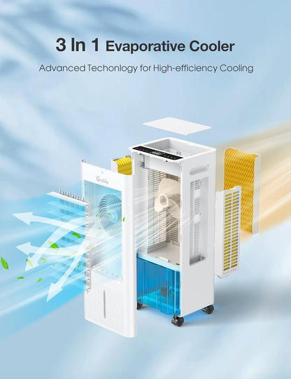 3-IN-1 Portable Evaporative Air Cooler,Grelife Air Cooler Cooling Fan with 4 Ice Packs,12H Timer,1.58Gal Water Tank,Remote Control,3 Modes,3 Speeds, Personal Swamp Cooler for Bedroom Home Office