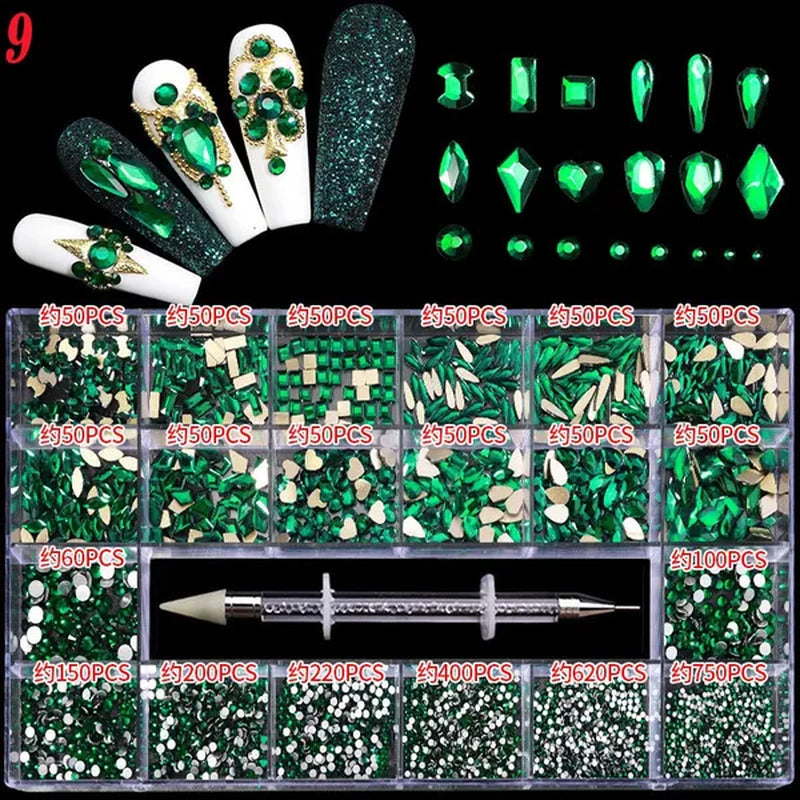 3000Pcs/Box Mixed AB Glass Crystal Diamond In Grids 21 Shape and  Flatback Nail Art Rhinestone Set with 1 Pick Up Pen