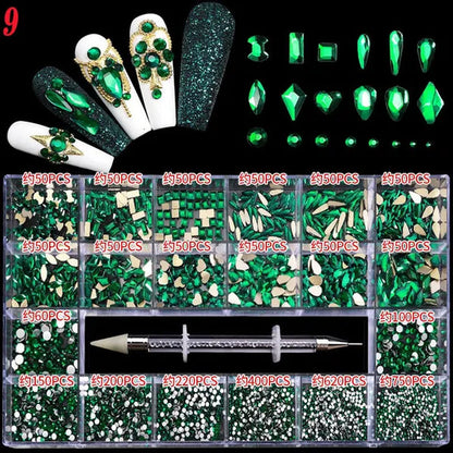 3000Pcs/Box Mixed AB Glass Crystal Diamond In Grids 21 Shape and  Flatback Nail Art Rhinestone Set with 1 Pick Up Pen