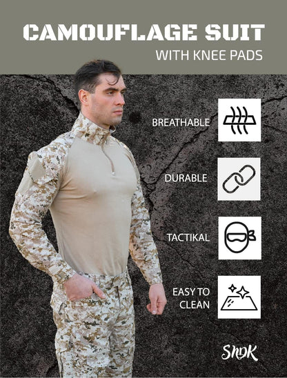 Military Uniform, Camo Long Sleeve Shirt Men & G3 Combat Pants with Knee Pads, Fishing, Hunting, Paintball, Airsoft Clothes - WORLD TIME VISITS