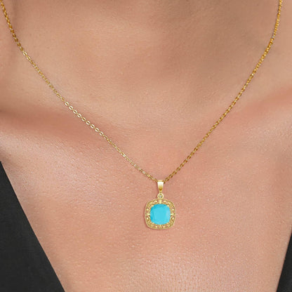 2.01 Ct Cushion Green Turquoise White Diamond 10K Yellow Gold Pendant with Chain