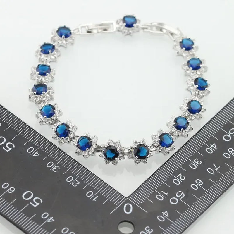 Blue White Topaz Silver Color Jewelry Sets for Women Engagement Necklace Pendant Bracelets Earrings Rings Gift Box