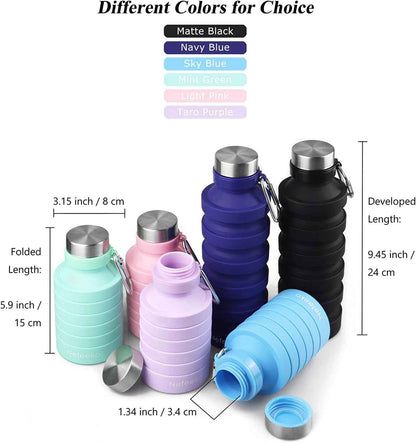 Collapsible Water Bottle, Reuseable BPA Free Silicone Foldable Water Bottles for Travel Gym Camping Hiking, Portable Leak Proof Sports Water Bottle with Carabiner