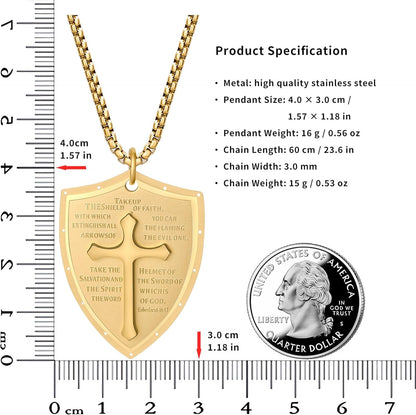 Armor of God Cross Pendant Necklace, Shield of Faith, Ephesians 6:16-17, Religious Amulet, Knights Templar Crusader, Stainless Steel 24" Chain