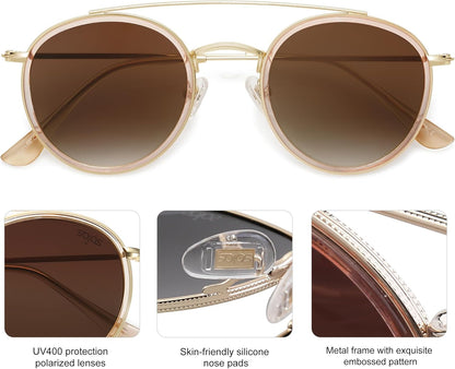 Retro Vintage round Polarized Sunglasses for Women Men Small Double Bridge Circle Sunnies SJ1104