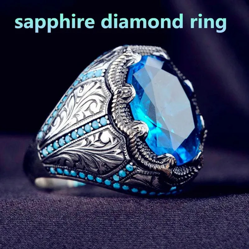 European and American Hot Selling Sapphire Retro Rings for Men, Antique Silver Inlaid Sapphires with Diamonds Luxury Fashion Men's Retro Rings, Classic Atmosphere, Party Business Casual Jewelry, Wedding Accessories, Anniversary Gifts