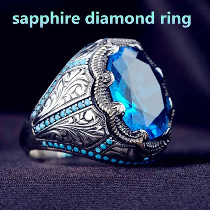 European and American Hot Selling Sapphire Retro Rings for Men, Antique Silver Inlaid Sapphires with Diamonds Luxury Fashion Men's Retro Rings, Classic Atmosphere, Party Business Casual Jewelry, Wedding Accessories, Anniversary Gifts
