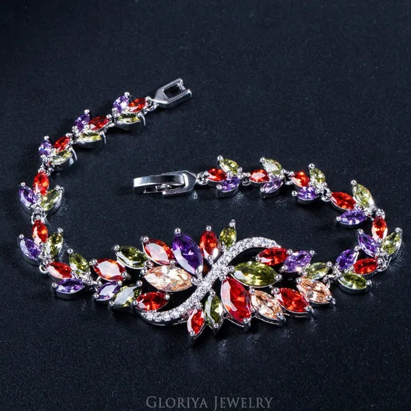 Gloriya Latest Fashion Women Christmas Party Silver Plated Jewelry Set Multicolor CZ Crystal Ring Earrings Bracelet Necklace 4 Pcs Jewelry Sets