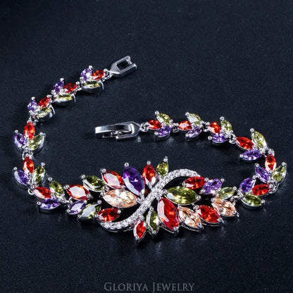 Gloriya Latest Fashion Women Christmas Party Silver Plated Jewelry Set Multicolor CZ Crystal Ring Earrings Bracelet Necklace 4 Pcs Jewelry Sets