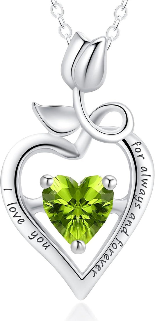 Fine Jewelry Birthstone Natural Peridot Necklace Sterling Silver Rose Flower Heart Gemstone Pendant Anniversary Birthday Gifts for Women Her Wife Mom - WORLD TIME VISITS