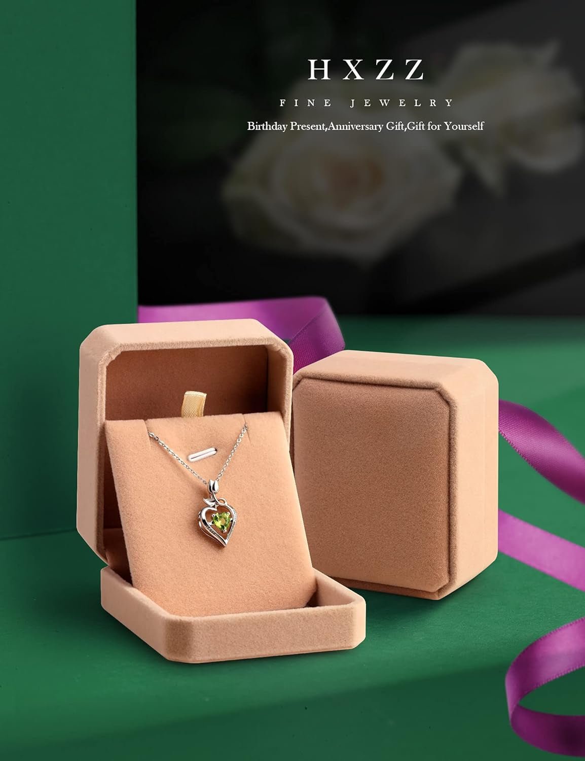 Fine Jewelry Birthstone Natural Peridot Necklace Sterling Silver Rose Flower Heart Gemstone Pendant Anniversary Birthday Gifts for Women Her Wife Mom