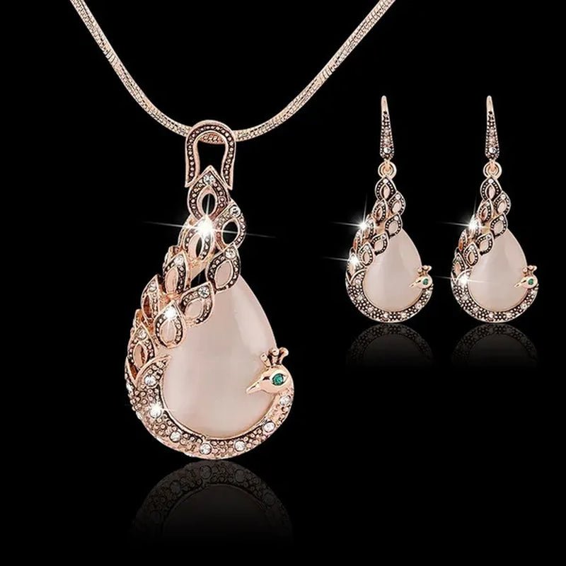 Fine Jewelry sets 2017 New Fashion KC rose Gold Filled opal Crystal Peacock Necklace Earring Wedding jewellery Set for women - WORLD TIME VISITS