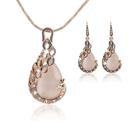 Fine Jewelry sets 2017 New Fashion KC rose Gold Filled opal Crystal Peacock Necklace Earring Wedding jewellery Set for women - WORLD TIME VISITS
