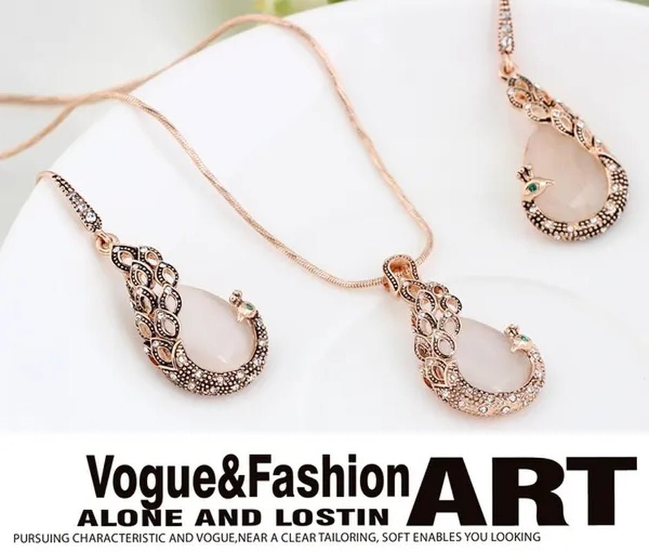 Fine Jewelry sets 2017 New Fashion KC rose Gold Filled opal Crystal Peacock Necklace Earring Wedding jewellery Set for women