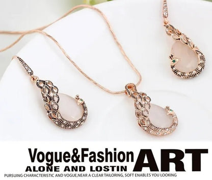 Fine Jewelry sets 2017 New Fashion KC rose Gold Filled opal Crystal Peacock Necklace Earring Wedding jewellery Set for women