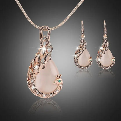 Fine Jewelry sets 2017 New Fashion KC rose Gold Filled opal Crystal Peacock Necklace Earring Wedding jewellery Set for women - WORLD TIME VISITS