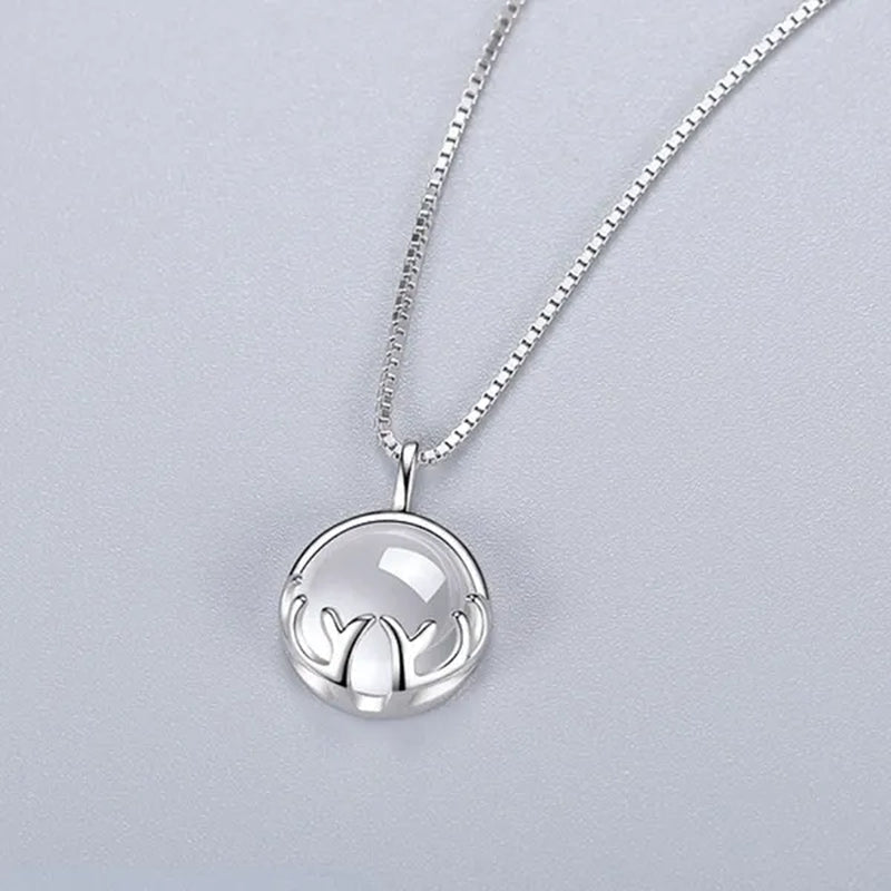 Fine Silver Color Antlers Shape Bezel Setting round Cut Moonstone Pendant Necklace for Women Romantic Wedding Jewelry Gift