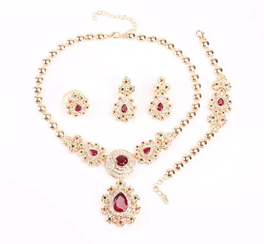 Fine Wedding Accessories African Beads Jewelry Sets Ruby Colorful Crystal Gold Plated Bridal Necklace Set