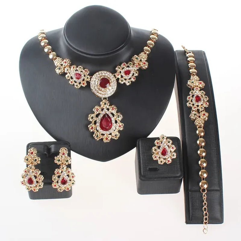 Fine Wedding Accessories African Beads Jewelry Sets Ruby Colorful Crystal Gold Plated Bridal Necklace Set - WORLD TIME VISITS