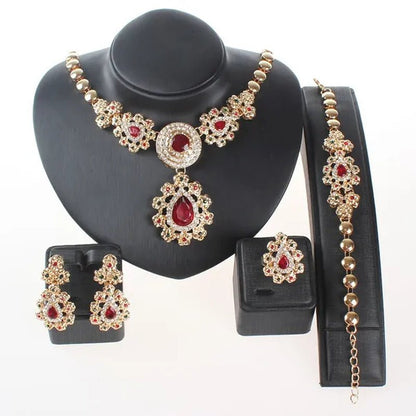 Fine Wedding Accessories African Beads Jewelry Sets Ruby Colorful Crystal Gold Plated Bridal Necklace Set - WORLD TIME VISITS