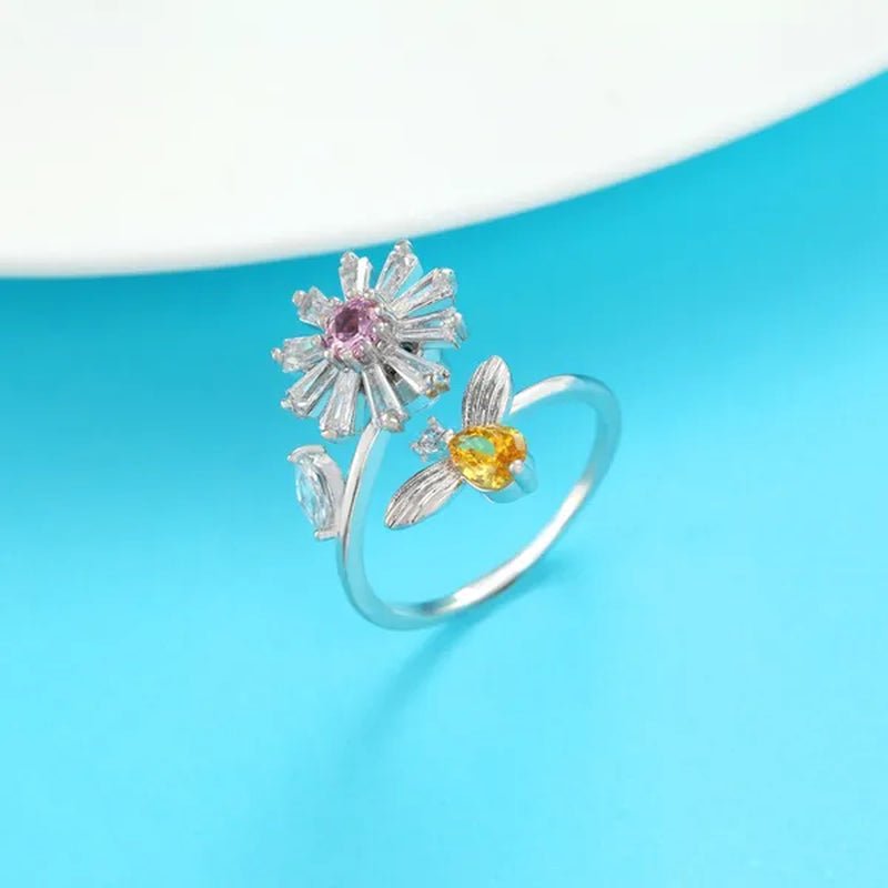 Flower Bees Silver Multicolor Creative Sweet Cute Princess Rings Daisy Opening Ring Adjustable Ring Anniversary Statement Natural Gemstones Pink Sapphire White Sapphire Ring - WORLD TIME VISITS