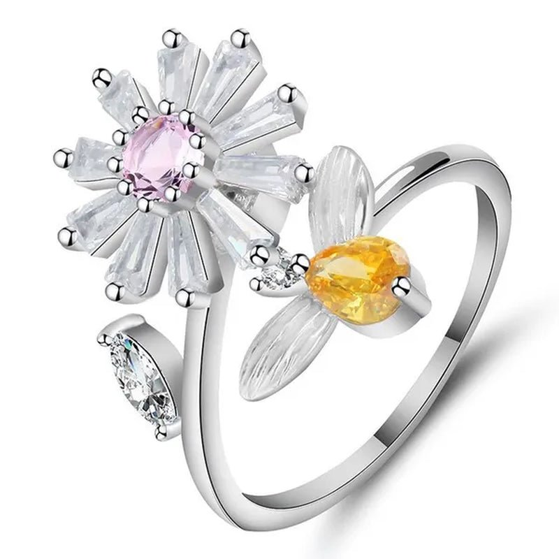 Flower Bees Silver Multicolor Creative Sweet Cute Princess Rings Daisy Opening Ring Adjustable Ring Anniversary Statement Natural Gemstones Pink Sapphire White Sapphire Ring - WORLD TIME VISITS