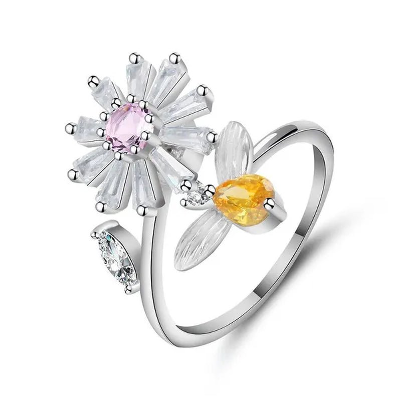 Flower Bees Silver Multicolor Creative Sweet Cute Princess Rings Daisy Opening Ring Adjustable Ring Anniversary Statement Natural Gemstones Pink Sapphire White Sapphire Ring - WORLD TIME VISITS