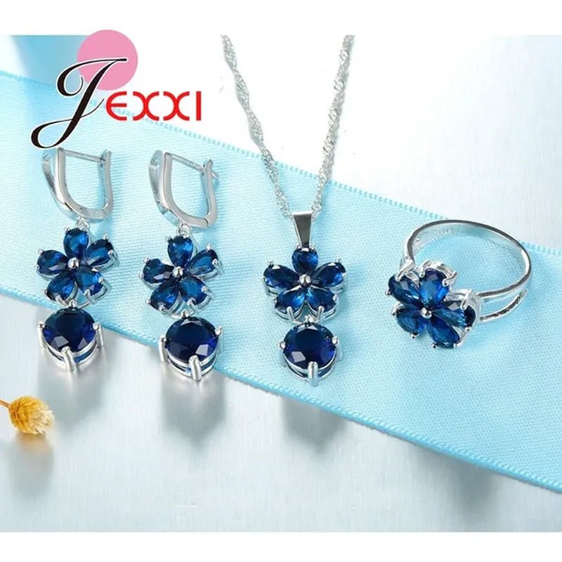 Flower Blue Crystal Sterling Silver Women Trendy Necklace Earrings Ring Bridal Wedding Jewelry Set - WORLD TIME VISITS