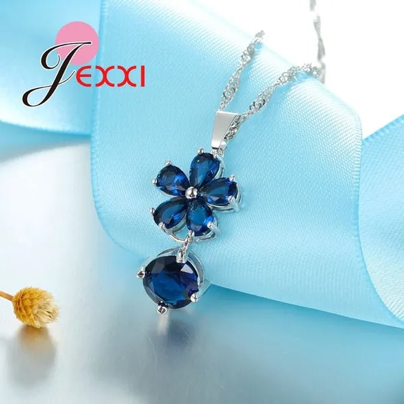 Flower Blue Crystal Sterling Silver Women Trendy Necklace Earrings Ring Bridal Wedding Jewelry Set