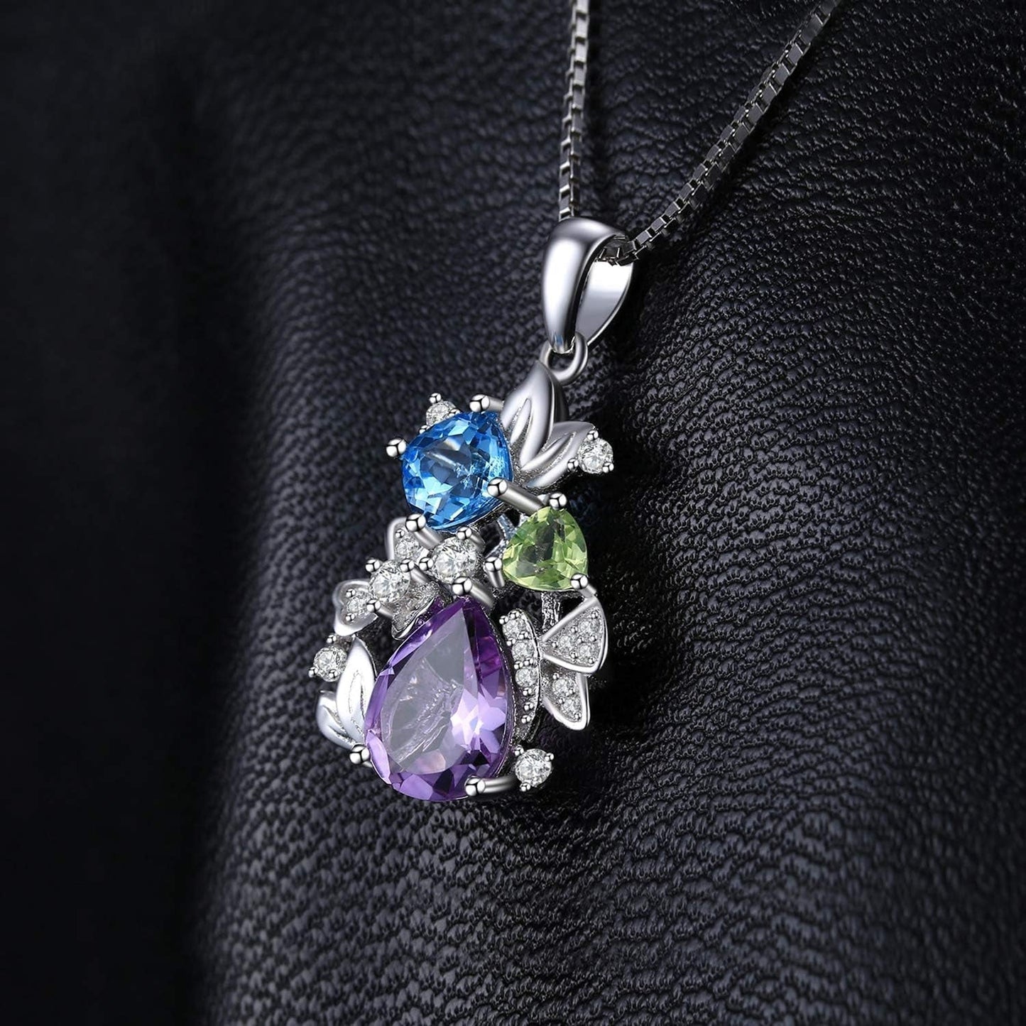 Flower Genuine Amethyst Peridot Blue Topaz Pendant Necklace for Women, Multicolor 925 Sterling Silver Necklaces, Natural Gemstone Jewelry Sets 18 Inches Chain