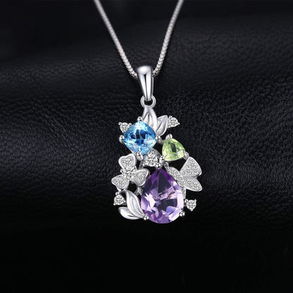 Flower Genuine Amethyst Peridot Blue Topaz Pendant Necklace for Women, Multicolor 925 Sterling Silver Necklaces, Natural Gemstone Jewelry Sets 18 Inches Chain