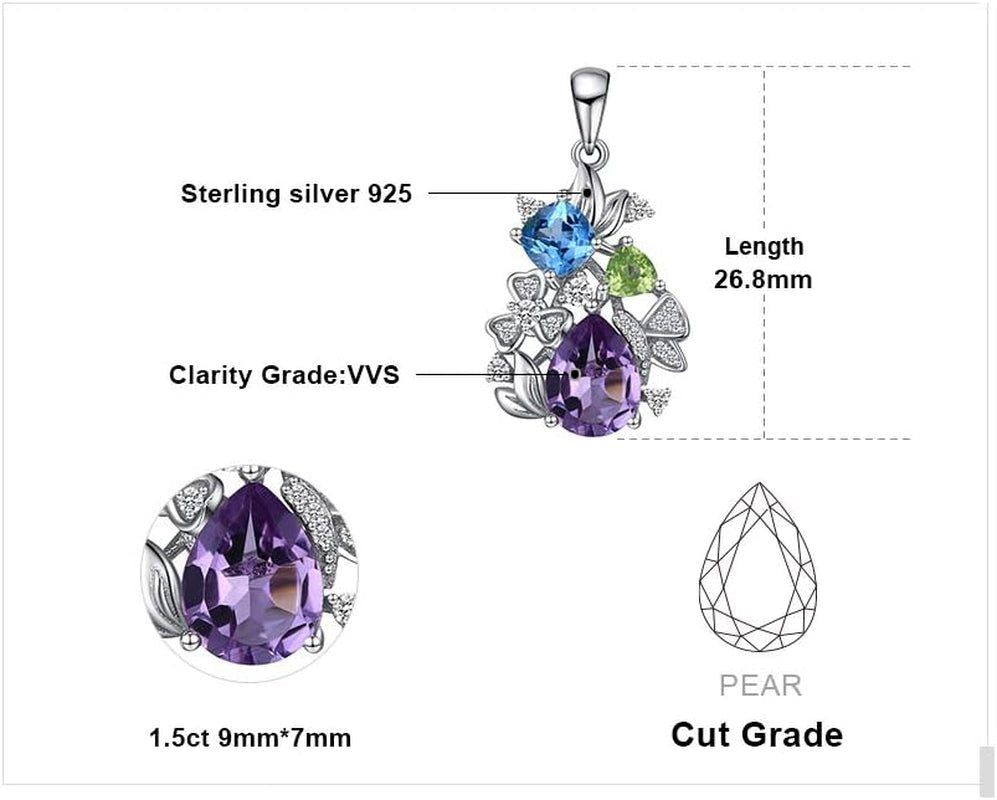 Flower Genuine Amethyst Peridot Blue Topaz Pendant Necklace for Women, Multicolor 925 Sterling Silver Necklaces, Natural Gemstone Jewelry Sets 18 Inches Chain - WORLD TIME VISITS