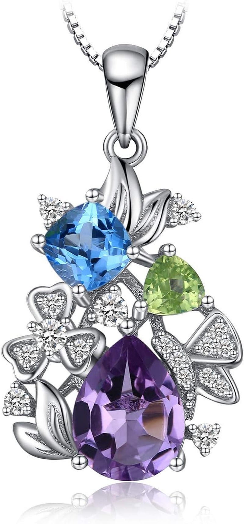 Flower Genuine Amethyst Peridot Blue Topaz Pendant Necklace for Women, Multicolor 925 Sterling Silver Necklaces, Natural Gemstone Jewelry Sets 18 Inches Chain - WORLD TIME VISITS
