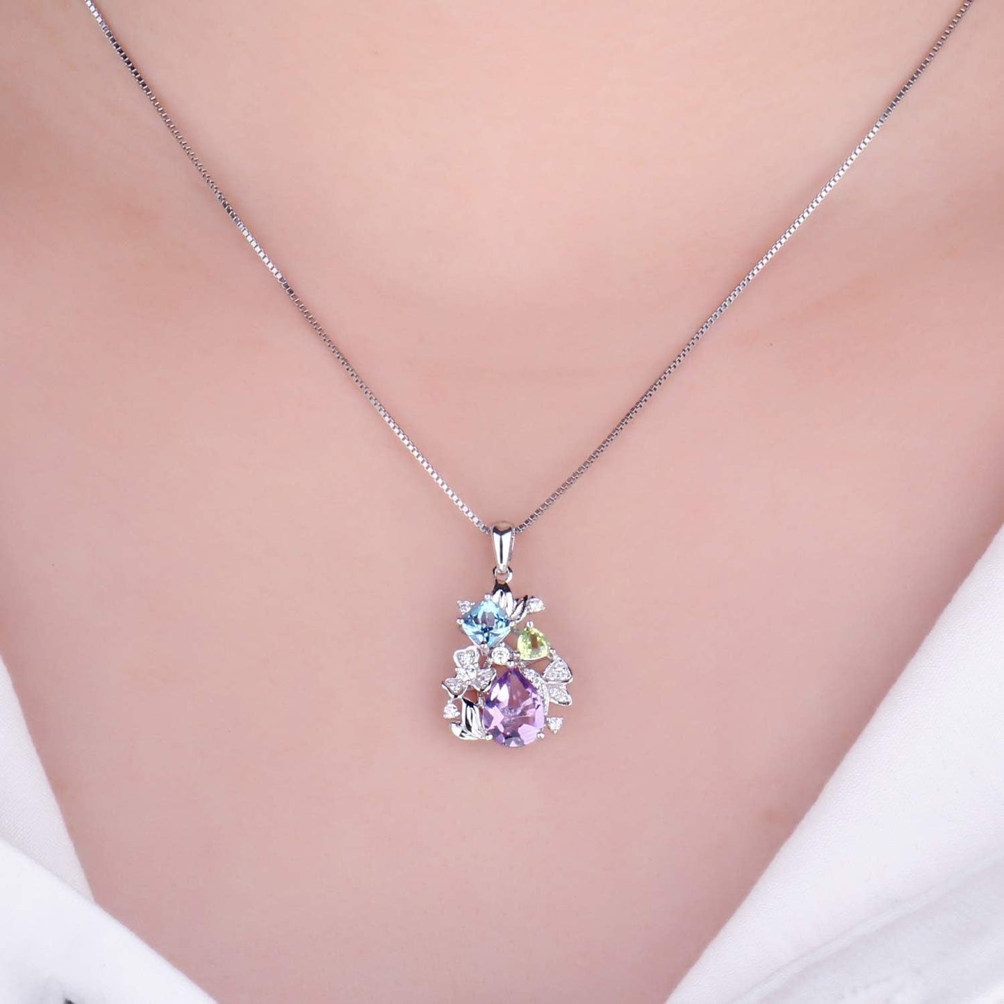Flower Genuine Amethyst Peridot Blue Topaz Pendant Necklace for Women, Multicolor 925 Sterling Silver Necklaces, Natural Gemstone Jewelry Sets 18 Inches Chain