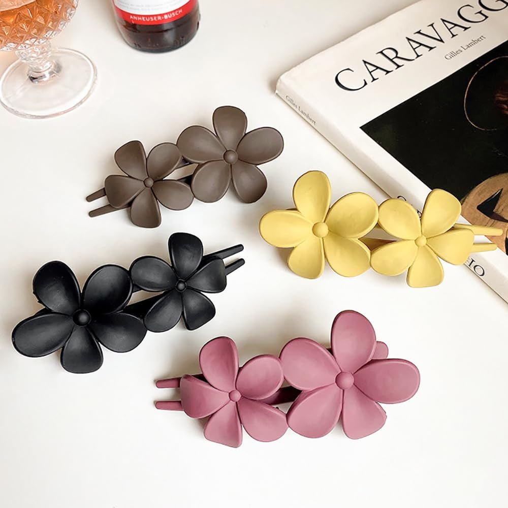 Flower Hair Clips, Matte French Barrettes, Black Floral Hairpins, Claw Clamps, Non-Slip, Elegant Accessories for Women, Girls, Wedding, Summer Party Decorations, 4Pcs