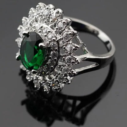 Flower Shaped 925 Silver Jewelry Sets Green Zircon Necklace Pendant Drop Earrings Ring For Women  Dating Gift