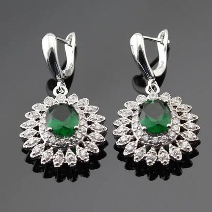 Flower Shaped 925 Silver Jewelry Sets Green Zircon Necklace Pendant Drop Earrings Ring for Women Dating Gift