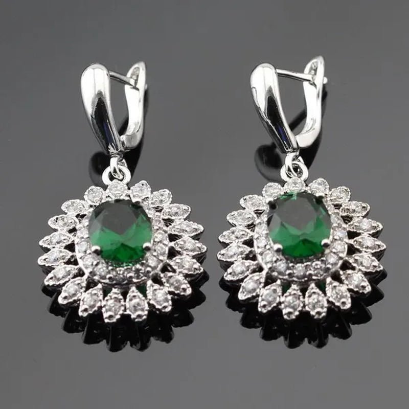 Flower Shaped 925 Silver Jewelry Sets Green Zircon Necklace Pendant Drop Earrings Ring For Women  Dating Gift