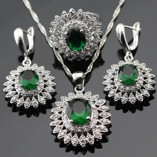 Flower Shaped 925 Silver Jewelry Sets Green Zircon Necklace Pendant Drop Earrings Ring for Women Dating Gift - WORLD TIME VISITS