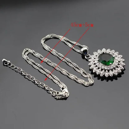 Flower Shaped 925 Silver Jewelry Sets Green Zircon Necklace Pendant Drop Earrings Ring For Women  Dating Gift