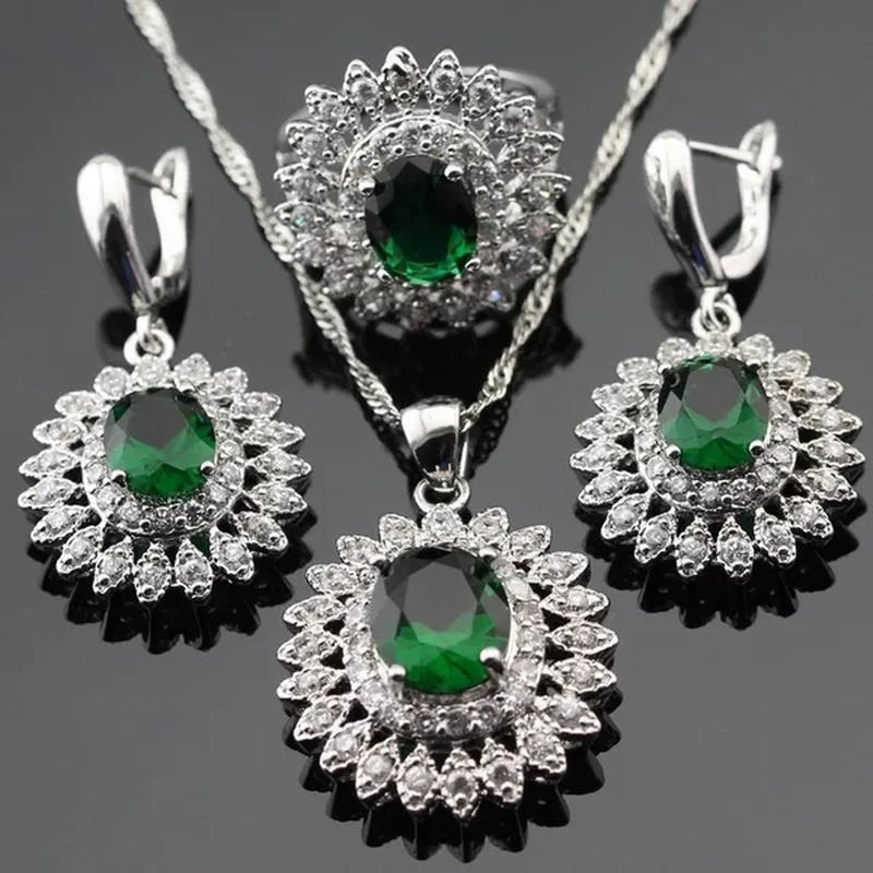 Flower Shaped 925 Silver Jewelry Sets Green Zircon Necklace Pendant Drop Earrings Ring For Women Dating Gift - WORLD TIME VISITS