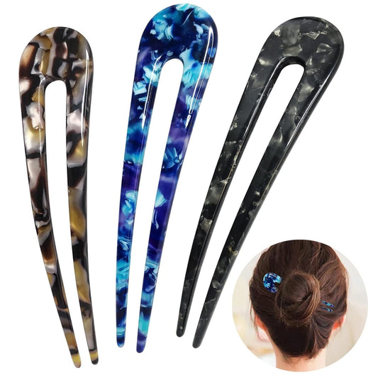 French Hair Forks Tortoise Shell U Shape Updo Hair Pins Clips for Thin Thick Hair, Long Classic 2 Prong Bun Hair Sticks Chignon Women Vintage Hairstyle Accessories, 3 Pack (Blue Brown Black) - WORLD TIME VISITS