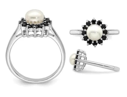 Freshwater Cultured Pearl Ring with Blue Sapphires in Sterling Silver