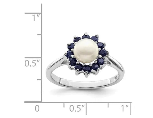 Freshwater Cultured Pearl Ring with Blue Sapphires in Sterling Silver - WORLD TIME VISITS