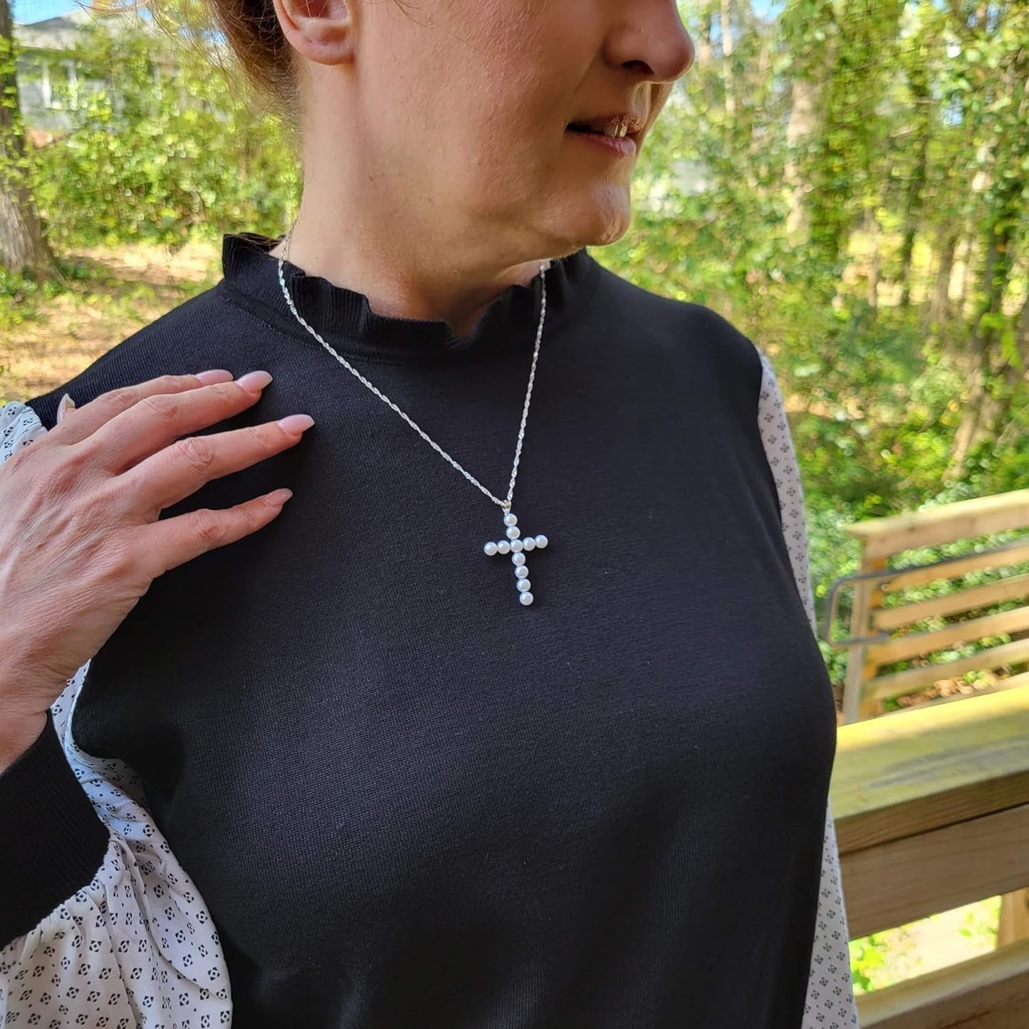 Freshwater Pearl Cross Necklace - Adjustable 20" Pearl Cross Pendant - Silver Christian Jewelry - Faith Jewelry Gift for Christmas, Wedding, Anniversary
